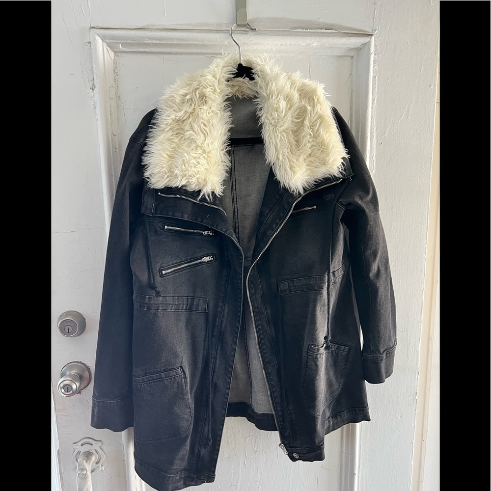 Black Denim Long Jacket w/ Faux Fur